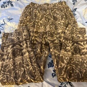 Brown Paisley Silky Pants with Elastic Waistband and Side Pockets